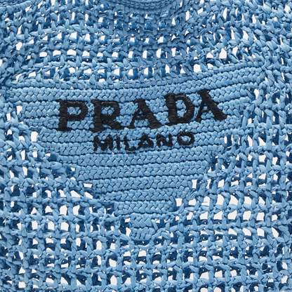 PRADA SHOPPER BAG IN RAFFIA WITH WOVEN LOGO – BLUE
