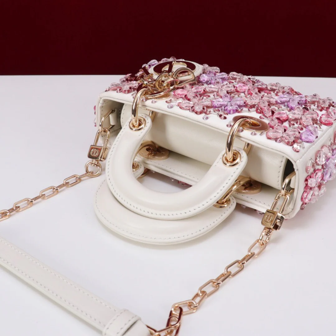 DIOR LADY D-JOY MICRO BAG IN WHITE CALFSKIN WITH PINK FLORAL EMBROIDERY AND STRASS