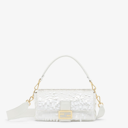 FENDI WHITE SEQUIN AND LEATHER BAGUETTE BAG