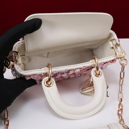 DIOR LADY D-JOY MICRO BAG IN WHITE CALFSKIN WITH PINK FLORAL EMBROIDERY AND STRASS
