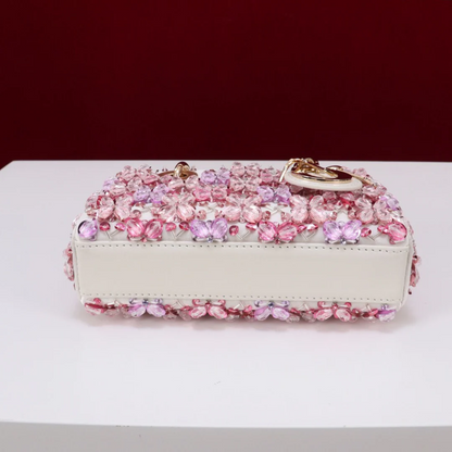 DIOR LADY D-JOY MICRO BAG IN WHITE CALFSKIN WITH PINK FLORAL EMBROIDERY AND STRASS